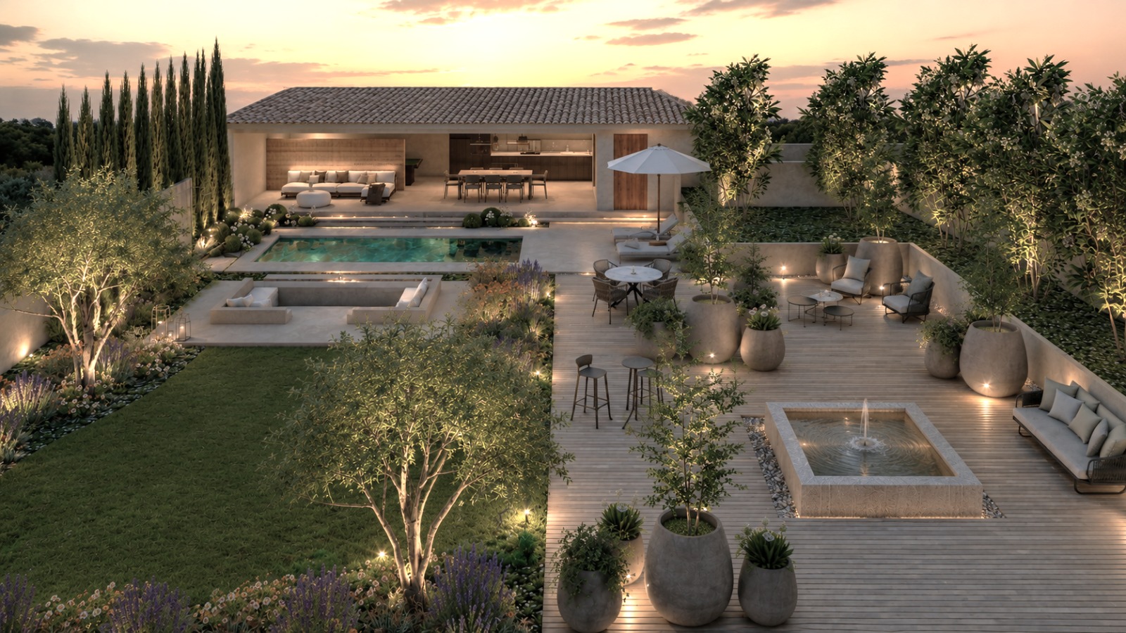 Render de la propuesta: vista aérea al atardecer de un jardín con pabellón de cubierta de teja, piscina, zona de estar rehundida, terraza de madera con fuente y césped — Los Jardines del Monte