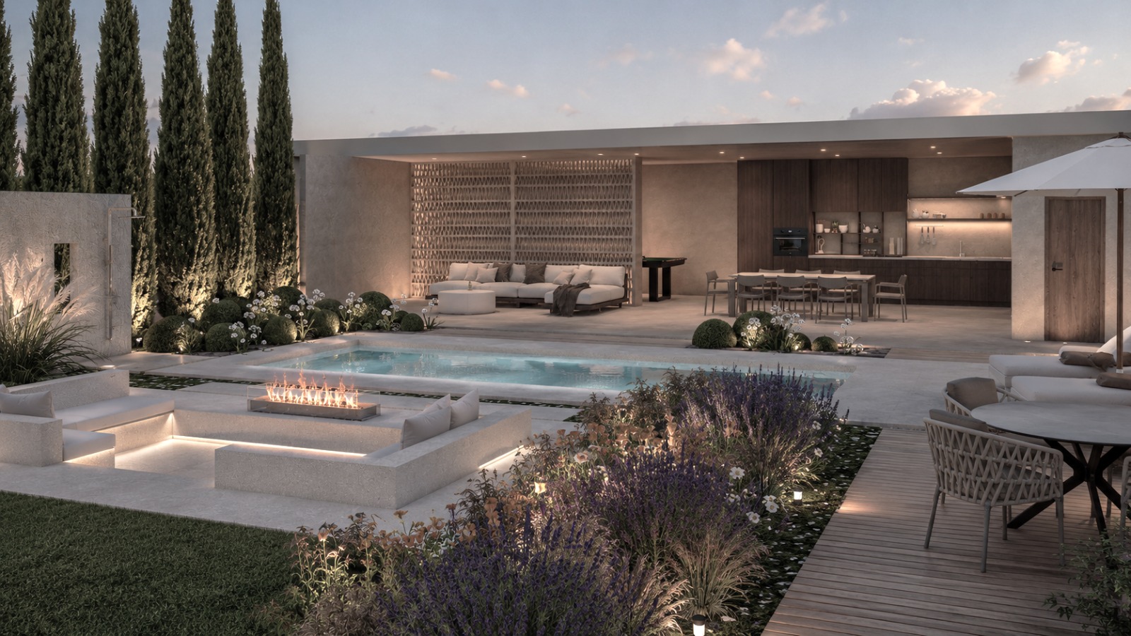 Render de la propuesta: zona de estar rehundida con fuego lineal junto a la piscina, con cipreses, lavanda y un pabellón abierto con salón, comedor y cocina al fondo