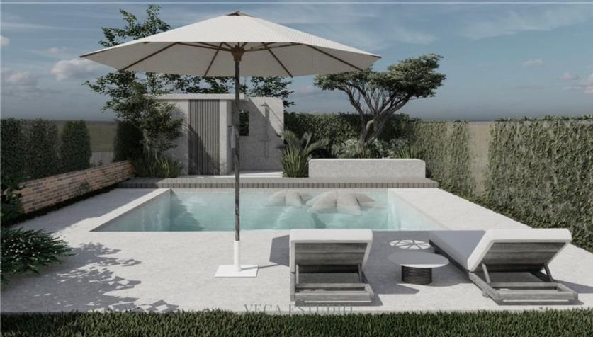 Render de la propuesta: piscina con sombrilla y dos tumbonas, con una ducha exterior junto a un muro bajo y setos al fondo