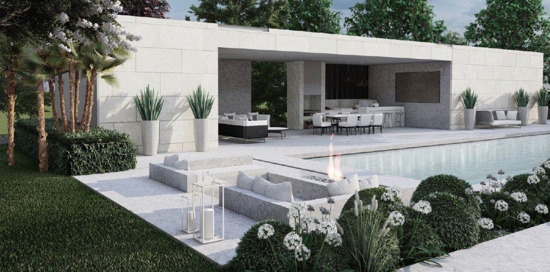 Render de la propuesta: pabellón de piedra clara con salón y comedor cubiertos, zona de fuego rehundida junto a la piscina y flores blancas en primer plano